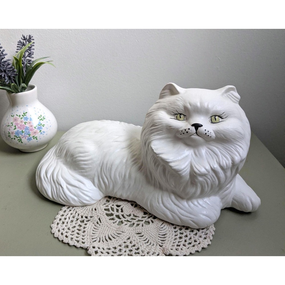 Vintage White Persian Cat Statue Large Chalkware Figurine Hand Painted Eyes 10"
